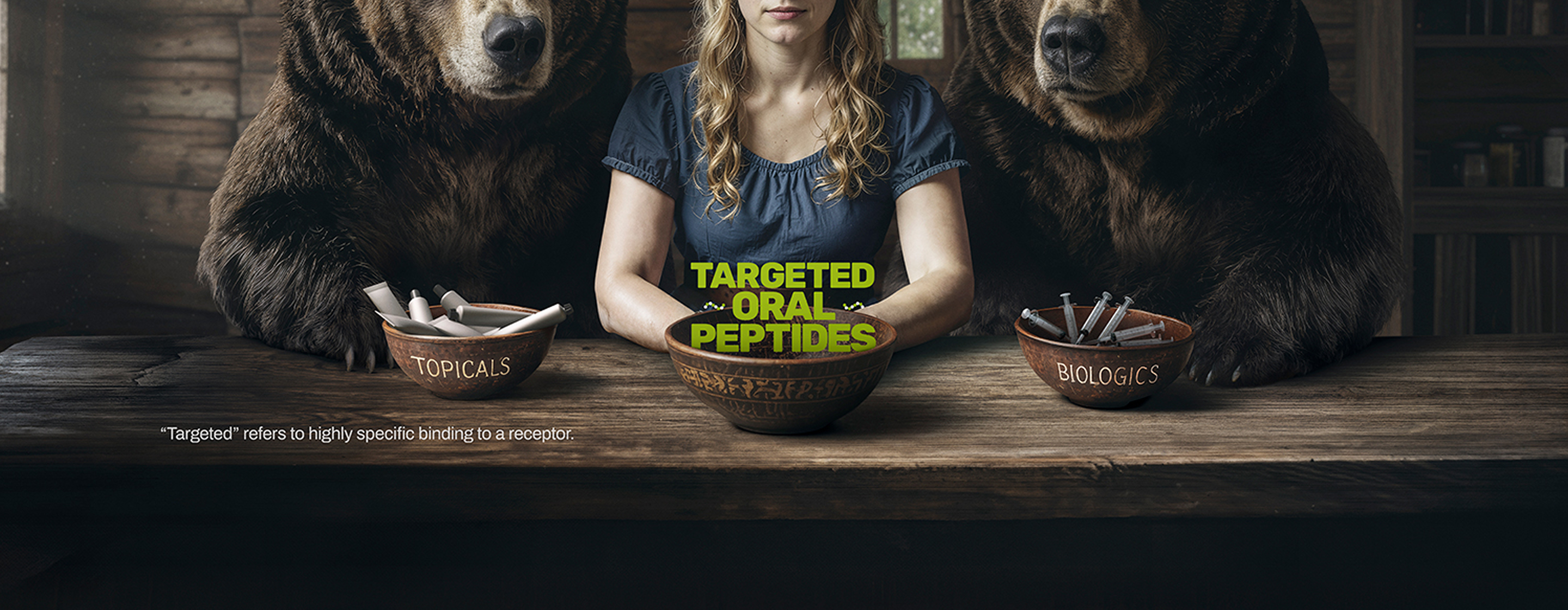 Blonde woman sitting between two bears at a table with bowls labeled topicals, targeted oral peptides, and biologics